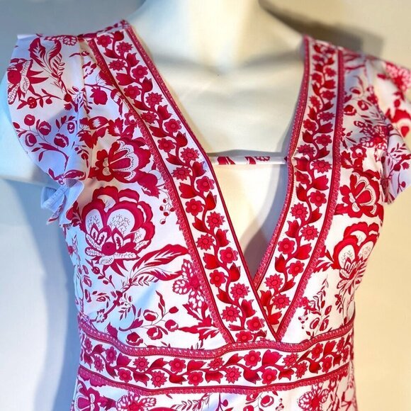 Swimsuit Pink and White Floral SZ L Flutter Sleeve Beach Swim Resort Vacation - Picture 3 of 7